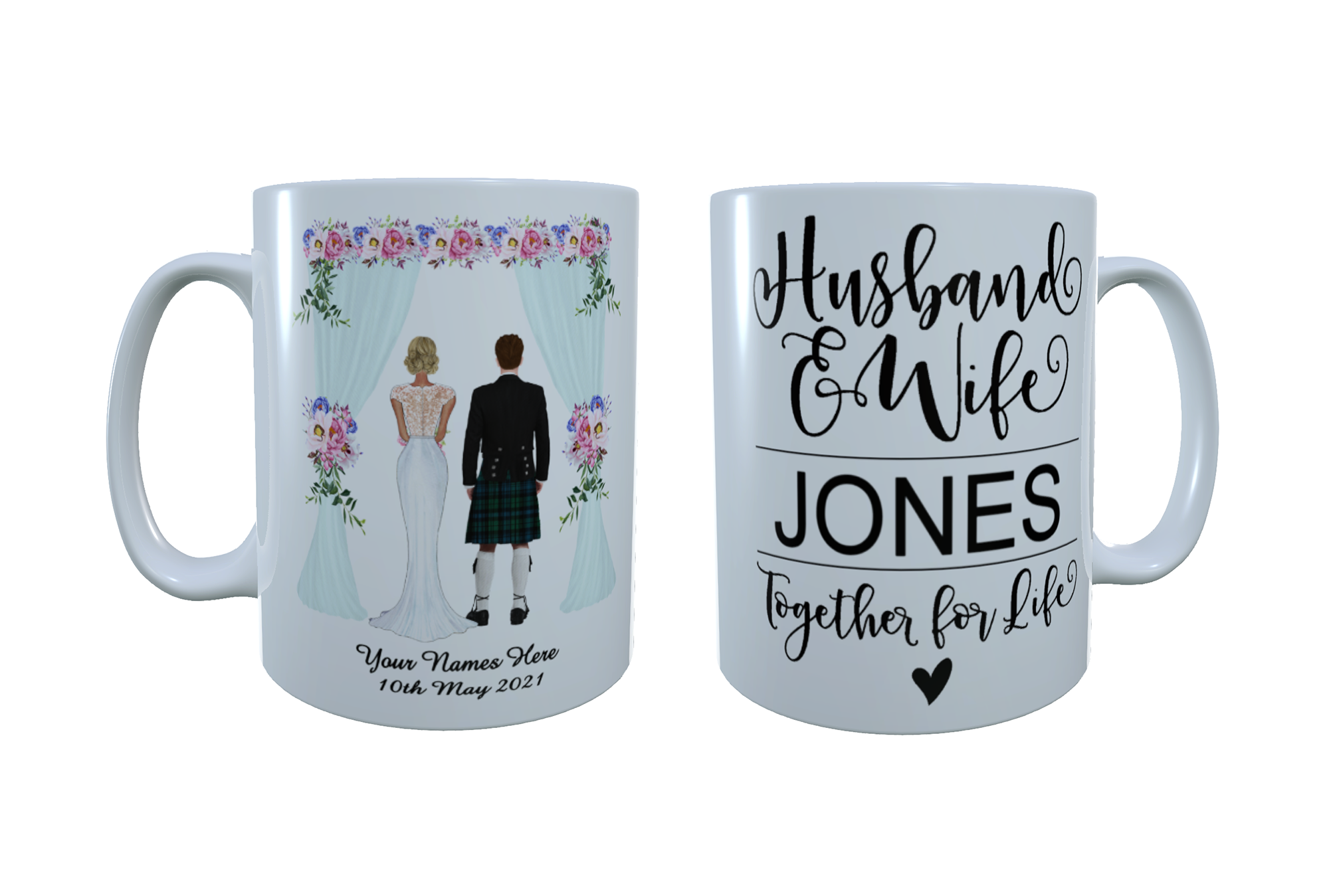 Scottish Bride & Groom Personalised Ceramic Mug, Custom Scottish